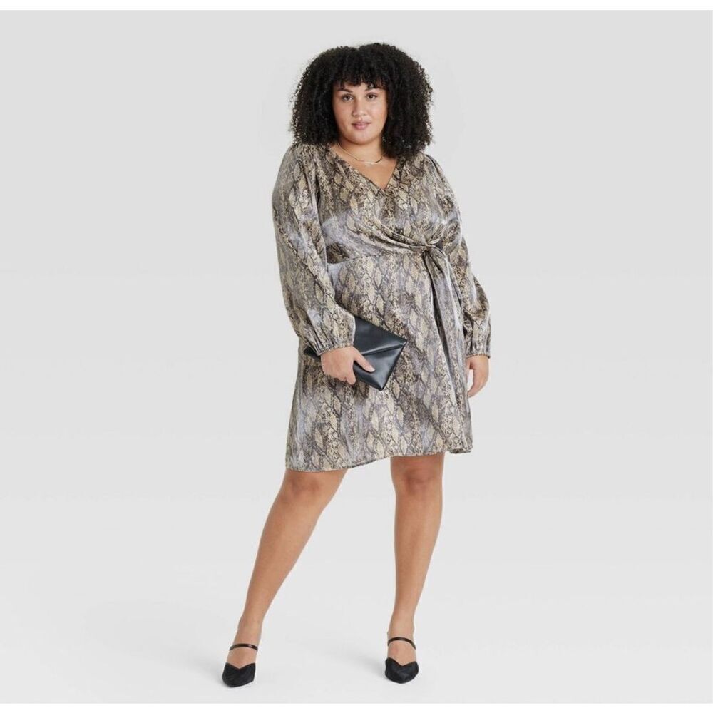 Ava & Viv NWT Snake Print Wrap Front Balloon Long Sleeve Dress Multicolor Size 2